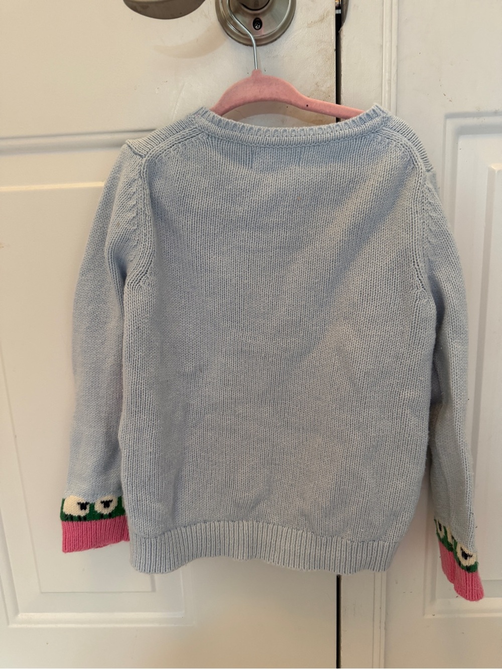 Mini Boden Light Blue Crewneck Sweater with Pink and Green Cuff Detail